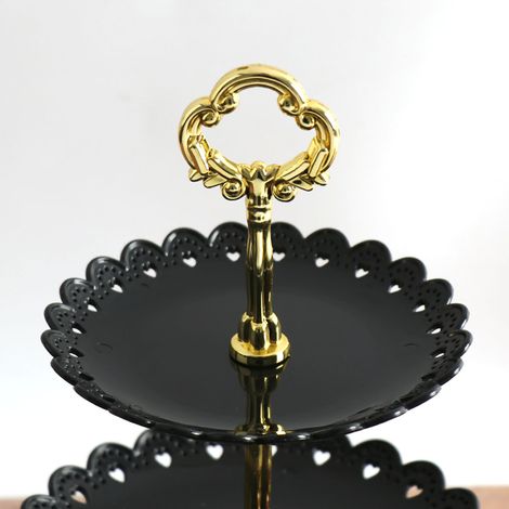 Europäischer, kreativer, blütenblattförmiger Obstteller aus Kunststoff, dreistöckige schwarze Tortenetagere, Aufbewahrungsschale für Trockenfrüchte und Desserts (1/3)