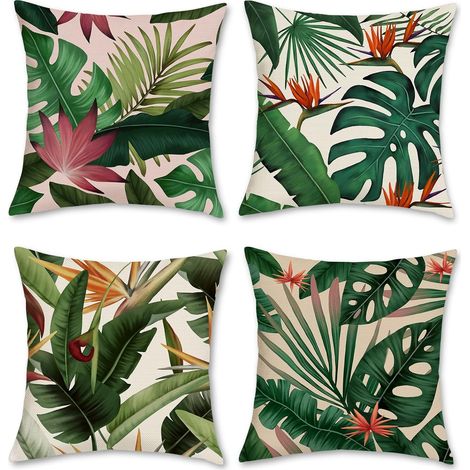 Housse de Coussin Feuilles Tropicales 45 x 45 cm Plante Feuille Verte Velours Doux Été Décoratif Taie d'oreiller pour Canapé Salon Chambre Chaise Jardin Maison Décoration 4 Pièces (1/5)