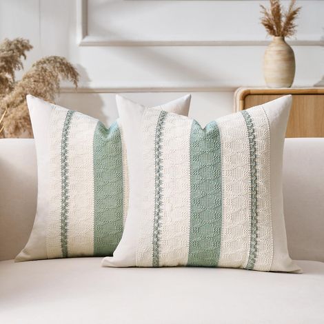Lot de 8 Housses de Coussin Vert Clair, 30x50cm, Texture Tissée à Rayures Style Boho, Décoration Moderne pour Salon et Chambre (Sans coussin) (1/5)