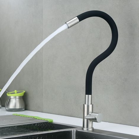 Robinet de cuisine pivotant haut flexible – Mitigeur monotrou en acier inoxydable brossé et noir, pour eau froide uniquement (1/3)