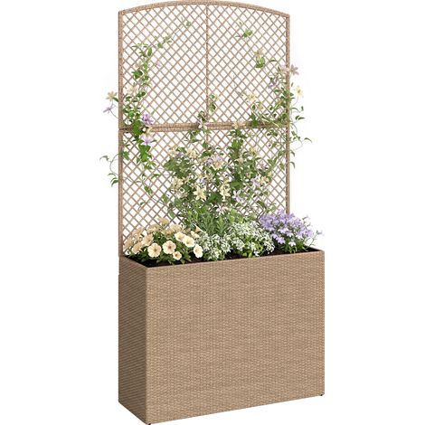 Outsunny Rattan Garden Planter with Trellis and Liner, Light Grey