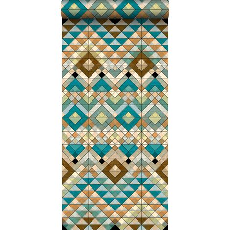 papier peint intissé XXL Aztec turquoise, beige et bleu canard - ESTAhome (1/5)
