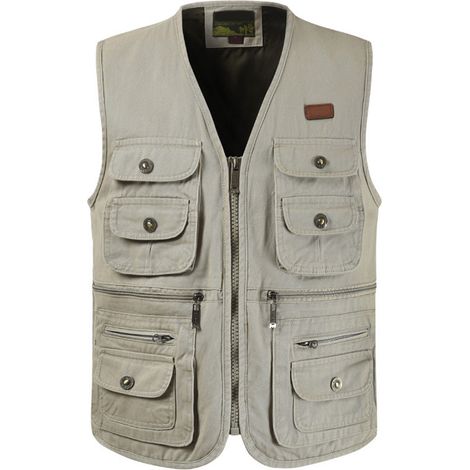 Gilet de travail multi-poches en coton pur doux, respirant et lissant, fermeture éclair, pour pêche et journaliste en extérieur, beige ancien, taille XL. (1/5)