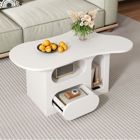 Mesa de centro 97x45x43.5 cm blanca en tablero de partículas con cajones y estantes abiertos (1/5)