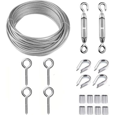Cable Inox 2mm,Corde en Acier Inoxydable à Suspendre Kit,Cable Acier avec M5 Tendeur de Fil,Crochets Oeil,15M/2mm Câble en Acier Revêtu,pour Plantes Grimpantes,Cordes à linge,Escalier (1/5)