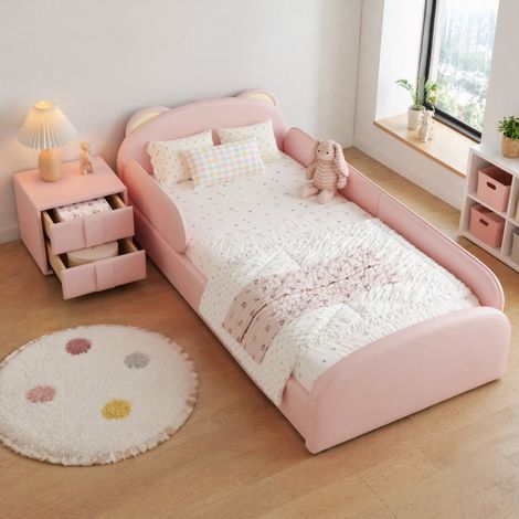 Lit enfant 90 x 200 cm en PU rose avec tête de lit en forme d'ours, chevet assorti et tiroir HAVRYA (1/5)
