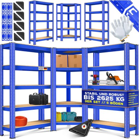 MASKO® 3er-Set Metall Regalsystem, Lagerregal, 1 Eckregal & 2 Lagerregale, 15 Böden MDF-Platten, bis 2625 kg belastbar, Blau