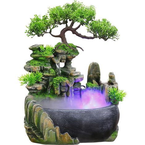 Fontaine Cascade de Table décorative Imitation Pierre pour intérieur, Mini Fontaine Multifonction avec LED et brumisateur, Dimension Environ 20 x 15 x 28 cm pour Salon Bureau Chambre café (1/5)
