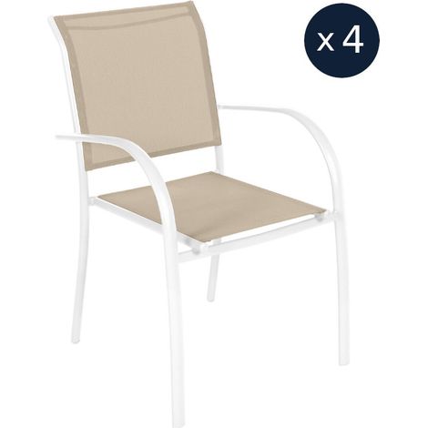 Hesperide – Lot de 4 fauteuils de jardin empilables en texaline – Structure aluminium époxy – Confort d'assise 45 cm – Couleur lin/blanc