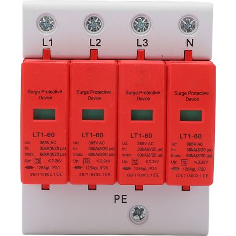 Parafoudre 4P AC385V 30kA-60kA, boîtier ignifuge, installation facile, dispositif de protection contre les surtensions. (1/5)