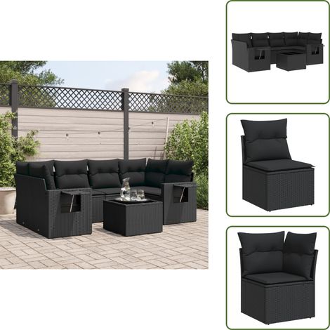 The Living Store Salon de jardin 7 pcs avec coussins noir résine tressée - Salon De Jardin - Meuble De Jardin - Set Salon De Jardin - Résine Tressée - Rotin Synthétique (1/5)