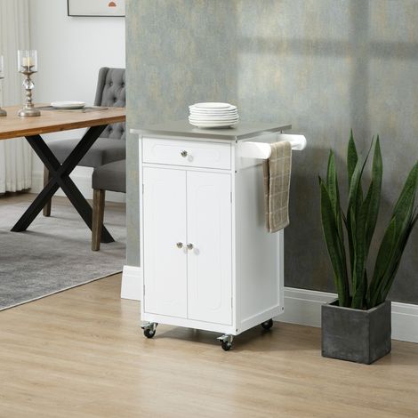 Chariot de cuisine avec plusieurs compartiments de rangement, 1 tiroir, 1 placard à 2 portes et porte-serviettes, MDF blanc, acier inoxydable (1/5)