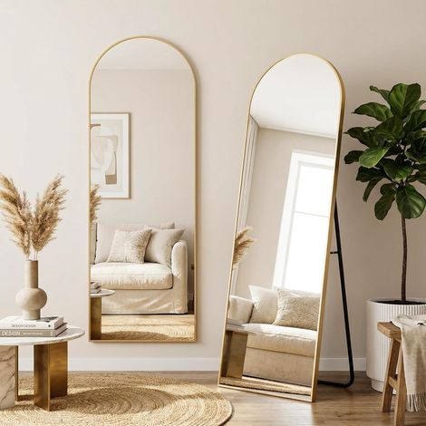 Miroir Mural en Arche HD Doré 162x50 cm, Verre Trempé Incassable & Cadre Aluminium, Miroir Intégral Posable ou Suspendu pour Chambre, Salon (1/5)