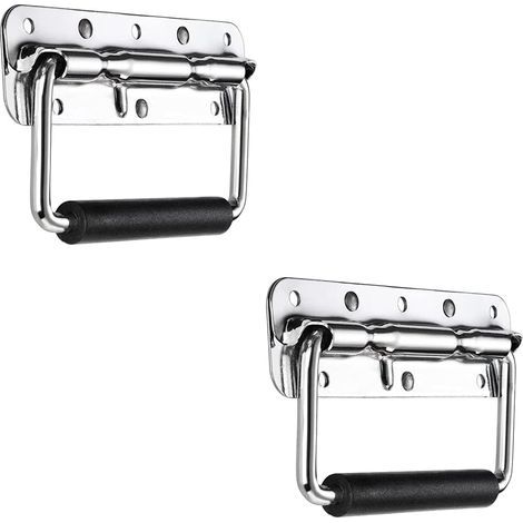 Lot de 2 Poignées Rabattables en Inox 304 – 140x40mm Poignée de Caisse à Ressort avec Manchon en Caoutchouc, Poignée de Transport Robuste pour Caisse à Outils, Flight Case et Coffre, Argent (1/5)