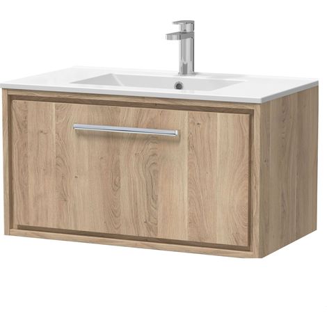 Longnor 1 Drawer Wall Hung Vanity Unit with 1 Tap Hole Minimalist Basin, Light Oak, 800mm