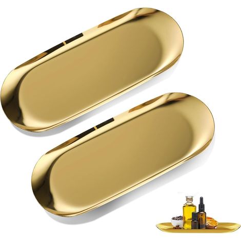 2 Plateaux Ovale, Acier Inoxydable Doré, 23x9,5 cm, Design Lisse, Pour Cosmétiques, Bijoux, Décoration Table (1/5)
