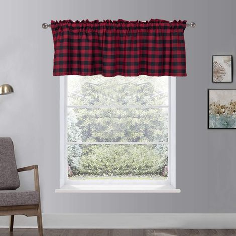 Set of 3 vintage window curtains with valances for kitchen, bathroom, living room (red grid, valance  137.2 x 61 cm) (1/5)