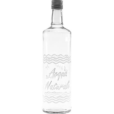 Bottiglia in vetro con tappo a vite igienico da 1 lt acqua naturale elegante scritta bianca in tavola a casa o ristorante hotel bar sale ricevimento