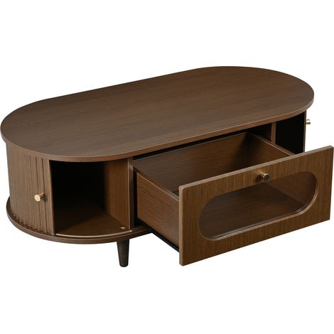 Table basse de salon 100 x 50 x 36 cm, couleur bois de noyer, avec 1 tiroir, porte coulissante, table d'appoint, table de salon avec 4 pieds de support, couleur bois de noyer (1/5)