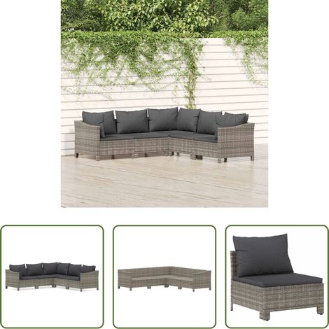 vidaXL Canapé en rotin poly - Salon de jardin 5 pcs avec coussins Gris Résine tressée (1/5)