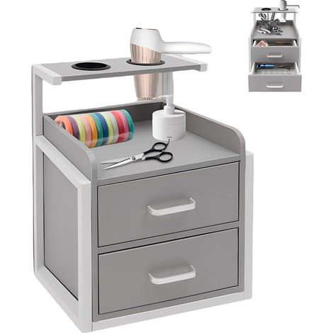 Armoire murale pour salon de coiffure, 40 × 30 × 48 cm, compartiment ouvert, 2 tiroirs, capacité de charge 30 à 50 kg, pour salle de bain, chambre à coucher, salon de coiffure, etc, Gris+Blanc