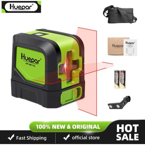 Huepar Niveau laser 2 lignes Nivellement automatique (4 degrés) Laser à faisceau rouge vert Horizontal et Vertical Ligne croisée avec base magnétique 9011R