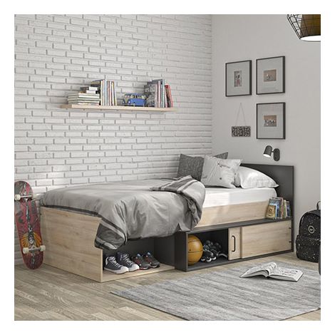 Calicosy – Lit enfant avec rangement – Décor chêne clair et noir – 90 x 200 cm – Structure en panneaux de particules – Dimensions totales 110 x 80 x 204 cm (1/10)