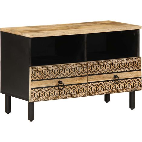 Meuble TV industriel noir 70 x 33 x 46 cm avec rangement pratique ambiance moderne en bois massif manguier brut