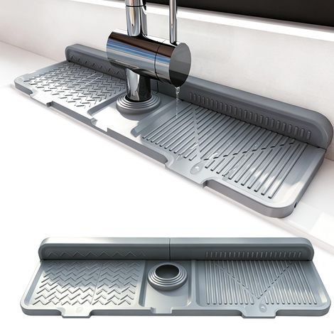 Tapis de Robinet en Silicone, Protection Anti-éclaboussures pour Robinet, Tampons de Séchage Evier avec Trous Découpables pour Salle de Bain et Cuisine Comptoir (44 x 14 cm, Gris) (1/4)