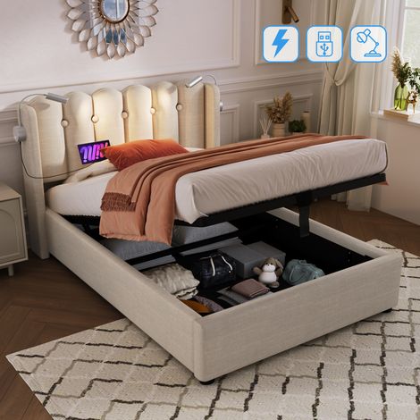 Hauss Spole – Lit coffre 90 x 200 cm avec lampe de lecture USB – Tête de lit en lin beige – Structure en fer – Grand espace de rangement (1/5)