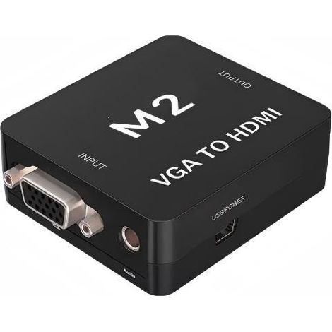 Adaptateur VGA vers HDMI M2 TEC - Plug & Play, conversion de signal HD, couleur noire, compatible avec projecteurs et moniteurs