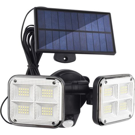 Foco solar LED para exteriores con detector de movimiento, 2 cabezales de luz, para iluminación de seguridad, jardín, terraza, patio, color negro. (1/5)