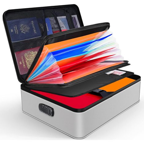 Organiseur de documents, porte-documents ignifuge avec serrure, boîte de rangement à 7 compartiments, organiseur de fichiers, porte-documents portable pour documents importants, dossiers (argent) (1/5)