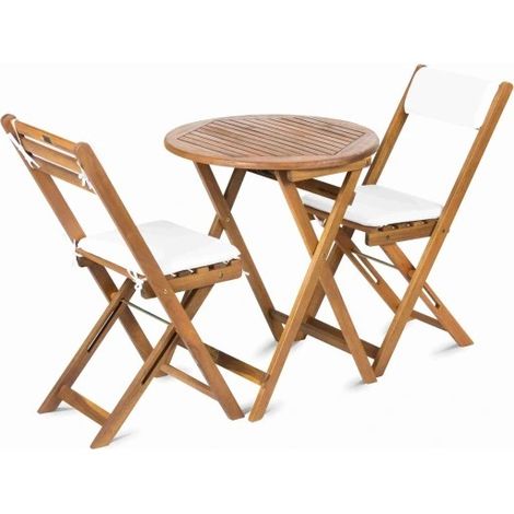 Set di mobili da balcone in legno: tavolo, 2 sedie, cuscini (1/5)
