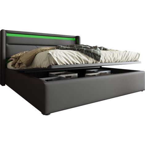 Lit coffre 160x200 LED avec tête de lit éclairée, rangement hydraulique, revêtement en cuir régénéré gris, télécommande, chambre moderne - CHICFURN (1/5)