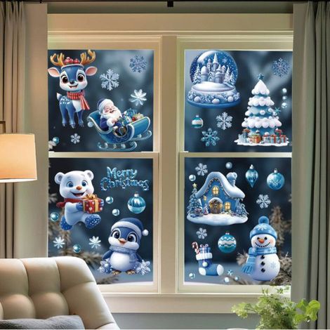 Autocollant Decoration Fenetre Noel - PVC Imperméable Amovible - Bonhomme Neige Flocon Neige - 9 Feuilles 20x30 cm (1/5)
