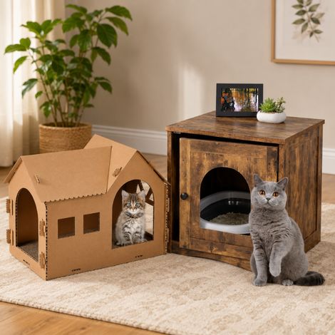 Ensemble « Industrial Cat Comfort » (2 pièces) – Bac à litière et maison-grattoir en carton (1/5)
