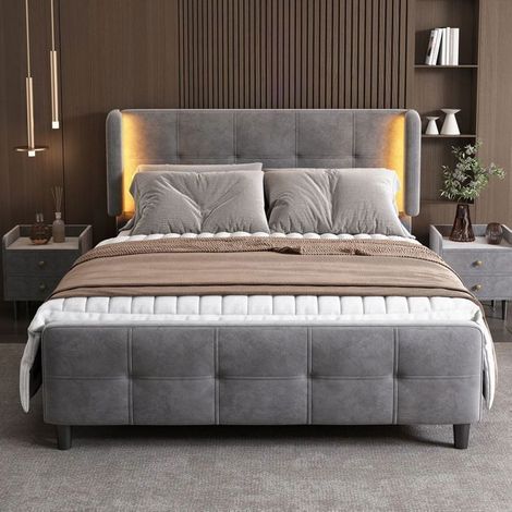 Lit double capitonné - SOGEU - 140x200 cm - Velours gris - LED 16 couleurs - Tête de lit réglable (1/5)