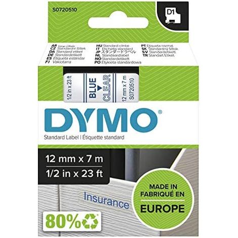 DYMO D1 ruban encreur pour étiqueteuse, Ruban encreur : bleu sur transparent, Larg. : 12 mm