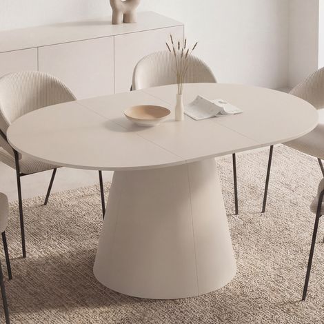 ANGELE Mesa de comedor redonda extensible de 6 plazas, madera beige 110-150 cm (1/5)