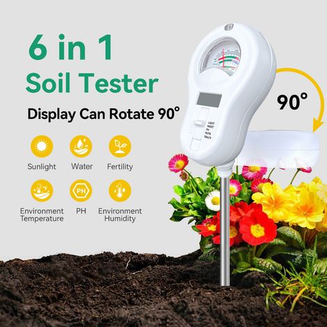 6-in-1 Soil Test Kit, Digital Soil PH/Sunlight Intensity/ Fertility/Temperature/Humidity Tester, Soil Water Detector with 3 Replaceable Probes for Garden, Farm, Home Plant Care