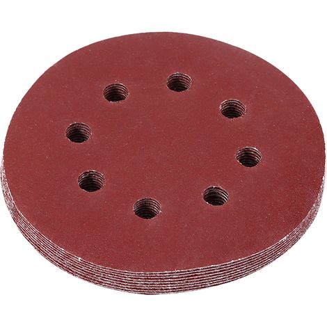 Disques abrasifs rouges 125mm, plateau de ponçage 8 trous, papier de verre grain 180, lot de 10 meules pour ponceuse électrique. (1/3)