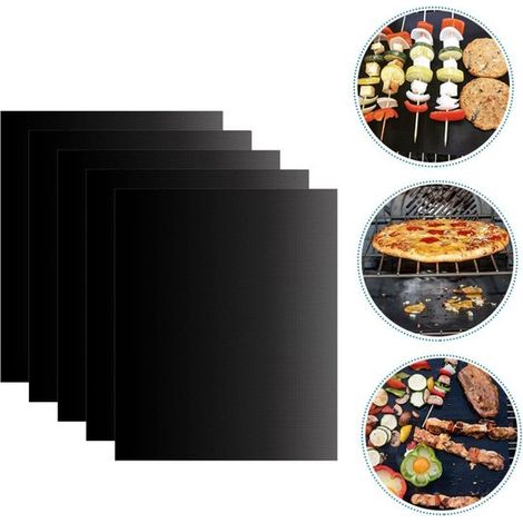 Tapetes para parrilla de 5 piezas, Aptos para parrillas de carbón y de gas, Reutilizables, Antiadherentes, De fibra de vidrio, 40 x 33 cm, Negro (1/5)
