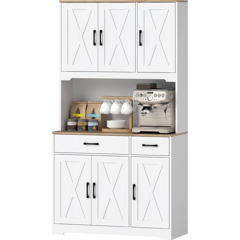 Armoire de cuisine 6 portes avec plan micro-ondes, 2 tiroirs, étagères ajustables, passage de câbles, blanc
