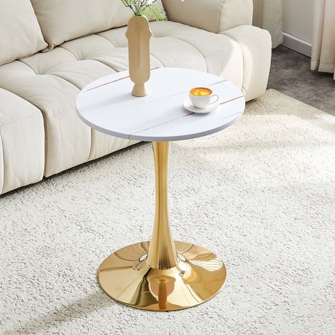 Tavolino Rotondo Mid-Century, Piano Termoformato, Soggiorno, MDF e Metallo, Bianco e Oro (1/5)