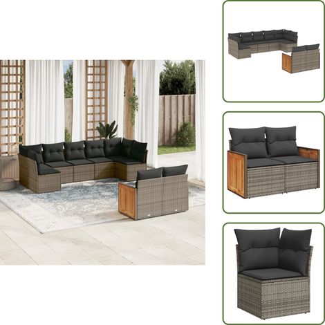 9-tlg. Garten-Sofagarnitur mit Kissen Grau Poly Rattan - Gartenmöbel - Rattan Möbel - Lounge Set - Gartenlounge - Esstischgarnitur (1/5)