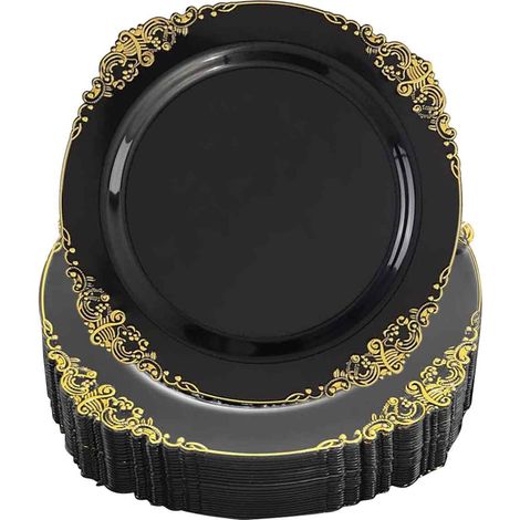 25 assiettes en plastique, roses avec finition dorée, jetables, pour fêtes, mariages et anniversaires (1/5)