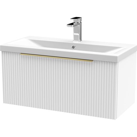 Fluted Front Wall Hung 1-Drawer Bathroom Vanity Unit with 1 Tap Hole Basin, 800mm, Satin White, Brushed Brass Handles (1/5)