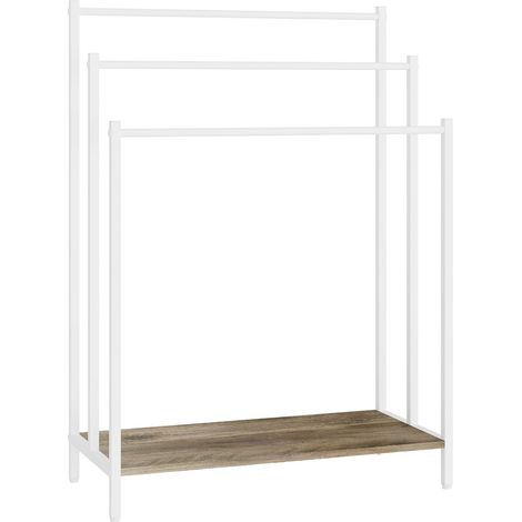 Relaxdays porte-serviettes sur pied avec tablette, 82,5x60x28 cm, aspect bois, 3 barres, naturel/blanc (1/5)