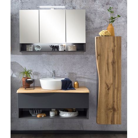 Badmöbel Set in anthrazit mit Wotan Eiche Nb. in Baumkantenoptik KAHLA-03 Spiegelschrank inkl. LED Beleuchtung, B/H/T: ca 158,5/200/52 cm (1/5)